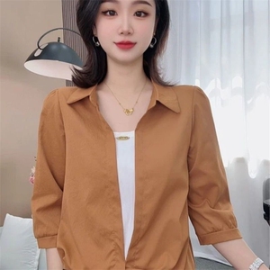 :2025新款拼接假两件衬衫设计洋气百搭女士上衣衬衣显瘦小衫图片