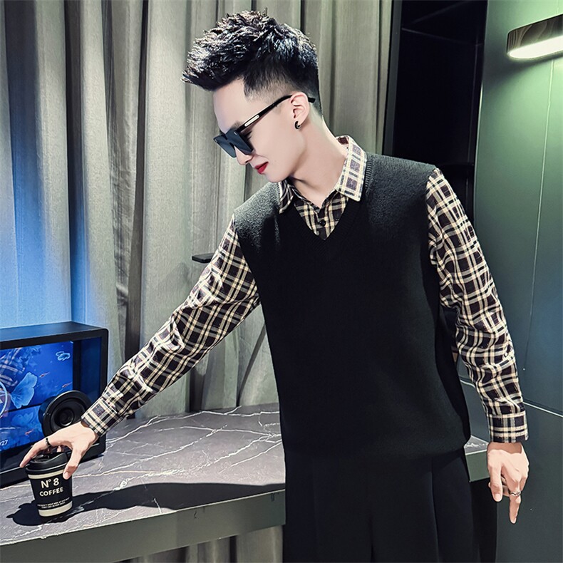CM8801-P88控128秋冬季假两件毛衣男潮流时尚衬衫领拼接V领针织衫,男装针织衫/毛衣,电商A368