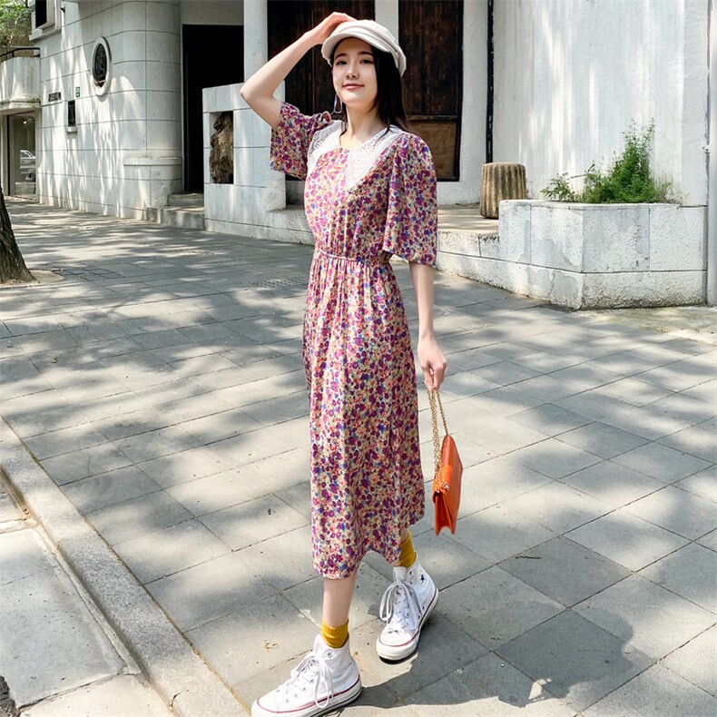 现货2021夏装新款蕾丝翻领碎花裙166-QZ03红图片