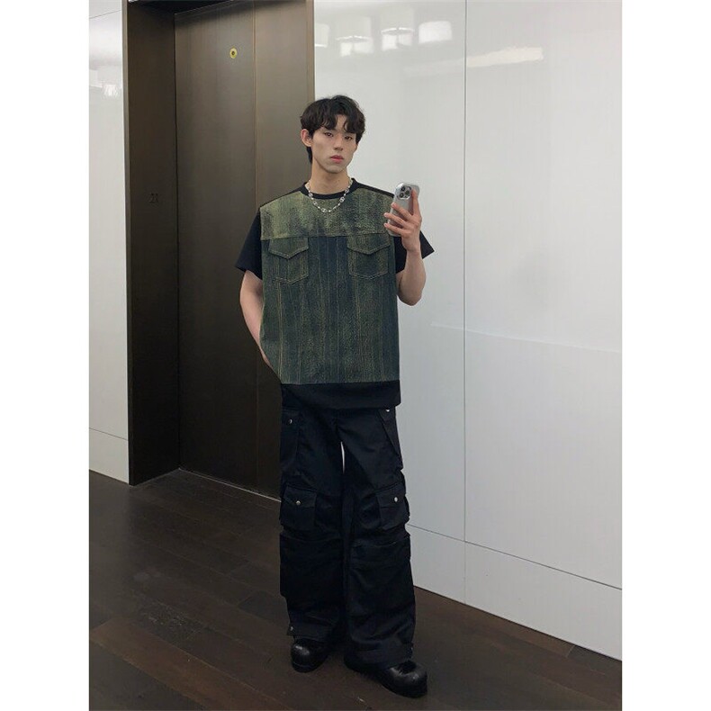 DW40-特P45美式牛仔拼接短袖男生痞帅垫肩上衣潮-网图现货,男装T恤,星座603-2