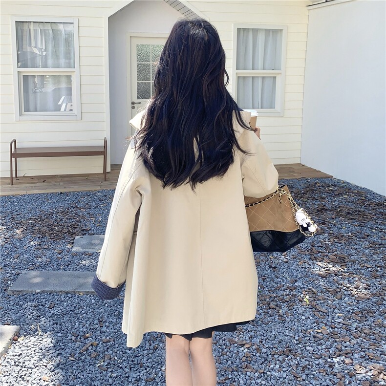 盐甜系格纹拼接连帽风衣外套女2025秋季新款学院风宽松小个子大衣,女装风衣,慧尚依恋