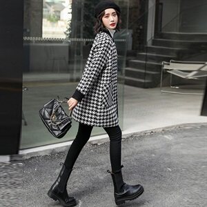 千鸟格毛呢外套女中长款2022年冬装新款加厚气质百搭格纹呢子大衣，女装毛呢外套，霓裳依族