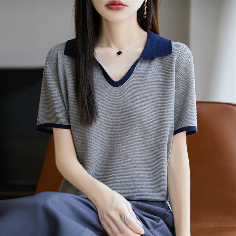 夏季新款简约百搭剪刀翻领短袖,女装T恤,源达羊绒
