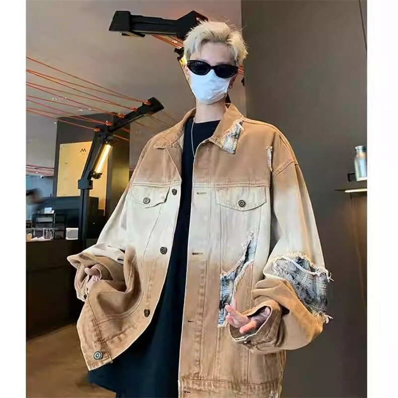 春秋破洞贴布牛仔外套男渐变水洗做旧设计感美式复古痞帅潮牌夹克,男装工装外套,星座1210-1
