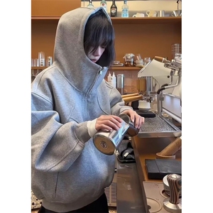 复古卫衣女2025秋冬季小个子慵懒风休闲加厚连帽开衫外套 W31图片