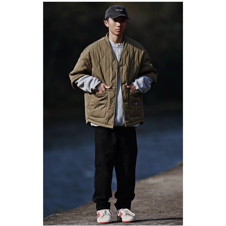 日系复古菱形半袖潮牌棉衣男秋冬季加厚V领工装棉服宽松保暖外套,男装T恤,星座506A