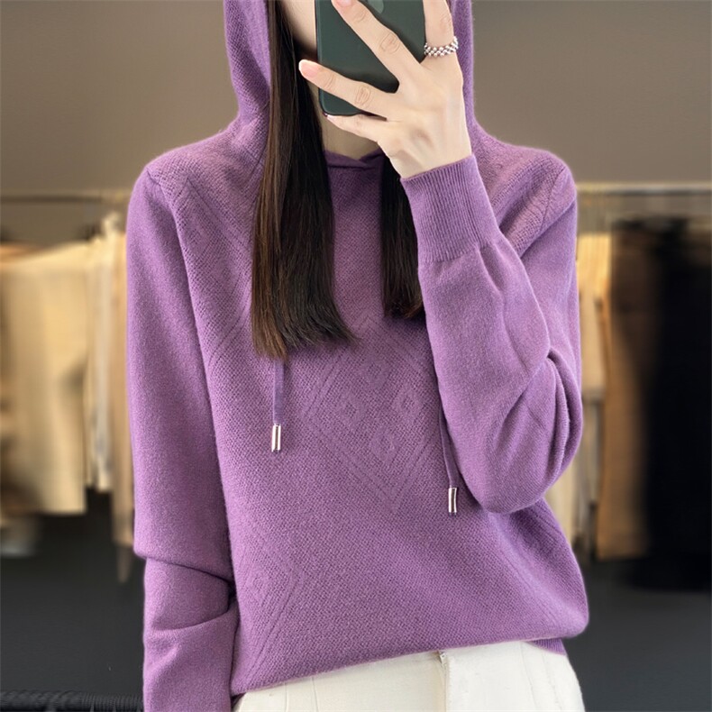 连帽针织羊毛衫女士宽松纯色亲肤毛衣2025秋冬新款套头卫衣打底衫,针织衫/毛衣,大美人包芯纱店