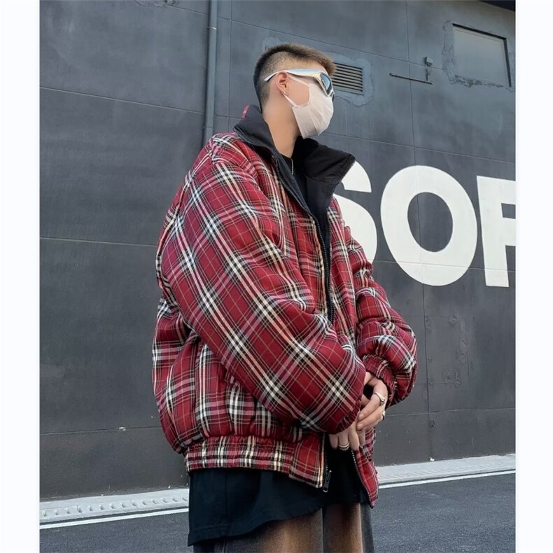 太帅气了格子两面穿冬美式条纹棉服男女面包服棉衣外套MF211-P86,男装棉衣,星座412-3