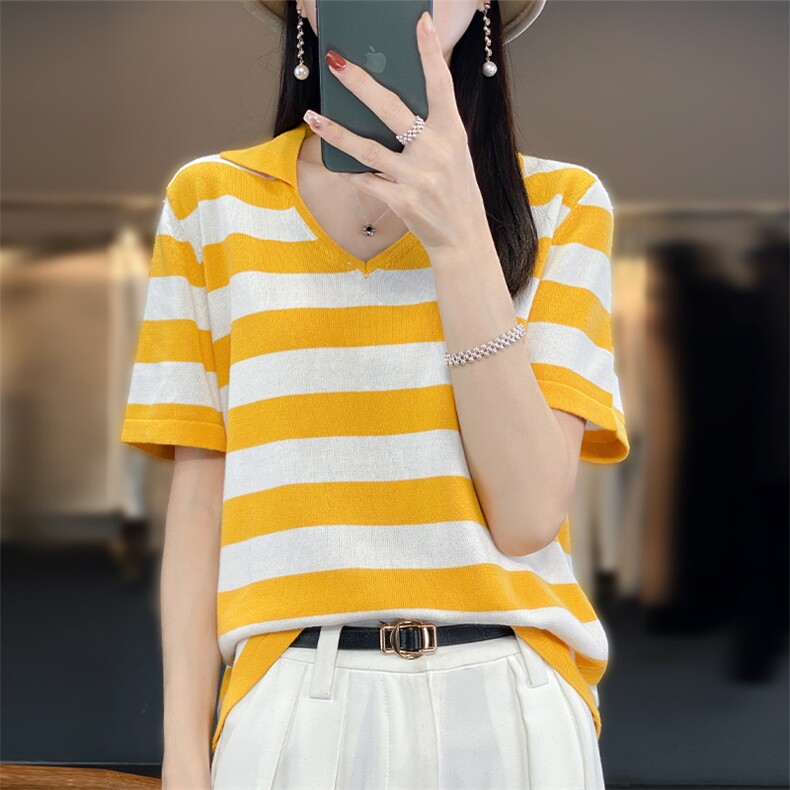 Polo领拼色针织短袖女24夏新款100%纯棉薄款宽松显瘦t恤半袖上衣,针织衫/毛衣,郡淞羊绒