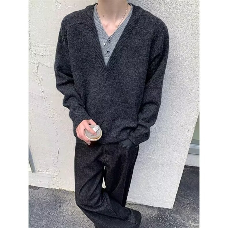 MM337-P58美式复古新款宽松休闲百花绒假二件针织毛衣图片