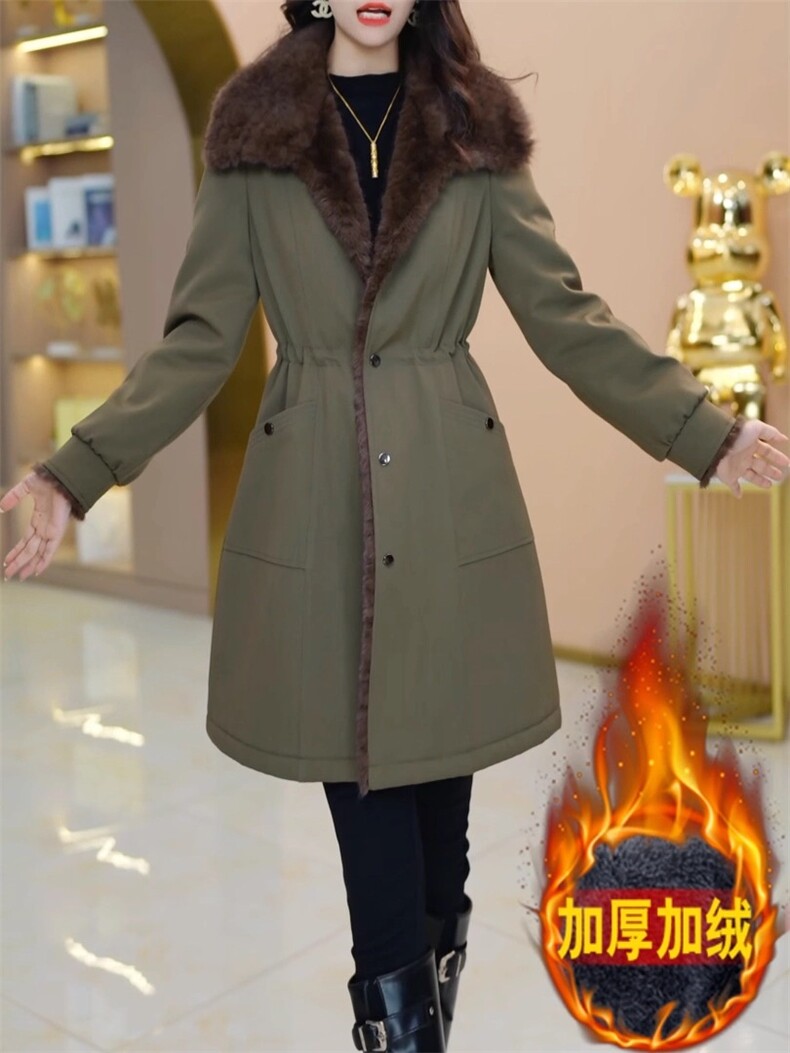 【大货已出】加绒加厚皮毛一体军绿色大衣女高级感皮草保暖外套,女装皮草,韩蔻秀