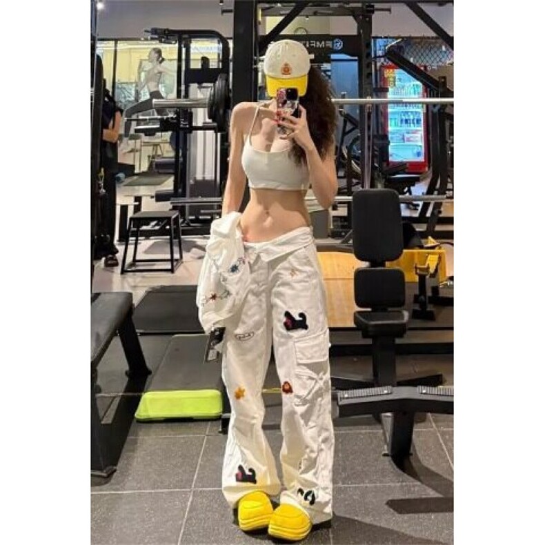 美式毛巾绣小狗工装牛仔裤女高街设计感直筒宽松阔腿裤L30200-P58,男装牛仔裤,星座1008