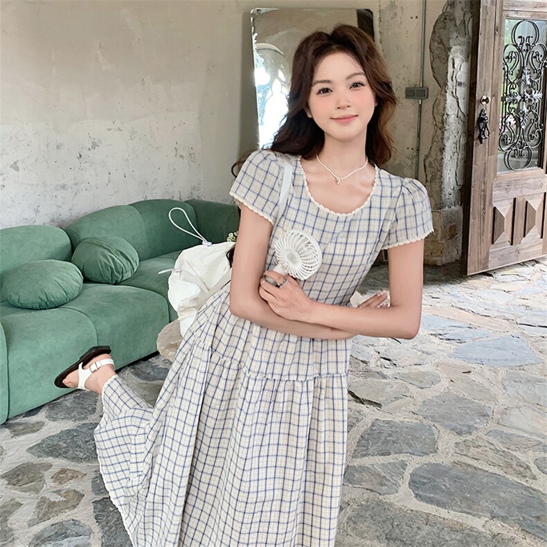 蓝色格子甜美减龄初恋桔梗a字长裙新款小个子森系别致连衣裙女夏,女装连衣裙,2C022