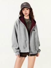 网图短款撞色刺绣双拉链开衫卫衣男女潮牌情侣连帽休闲外套P60，女装短外套，电商C306-1