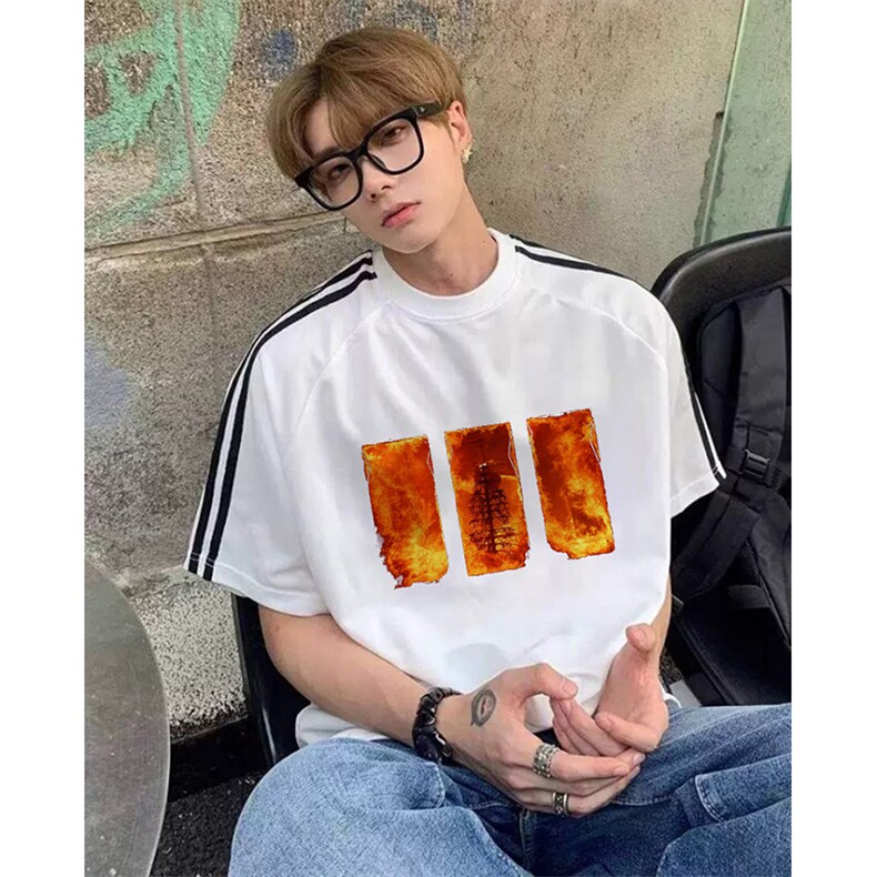 抖音得物高品质二开240克宽松纯棉美式潮牌三条杠织带短袖T恤，男装T恤，电商A486-1