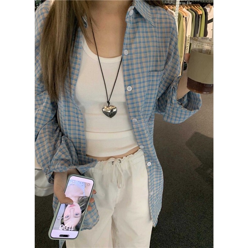 蓝色格子衬衫上衣男女2024新款夏季薄款慵懒休闲宽松衬衣防晒外套,男装衬衫,星座506A