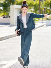 休闲复古拼接牛仔套装女2025春季爆款时髦减龄显瘦阔腿裤两件套潮，女装套装/套裙，欣品汇