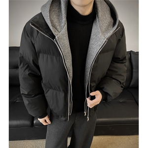 美式假两件pu皮短款棉服男款冬季加厚工装棉袄连帽外套特P85图片