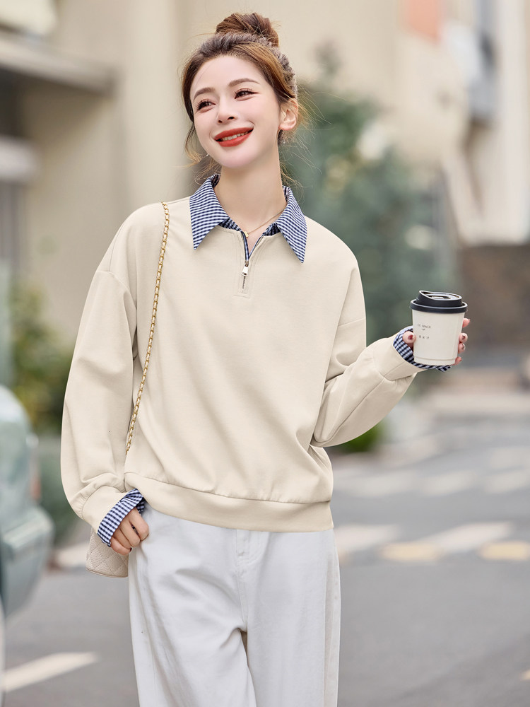夏女装官网新款2025春季韩系假两件拼接格子翻领外套女式卫衣,针织衫/毛衣,微微衣阁