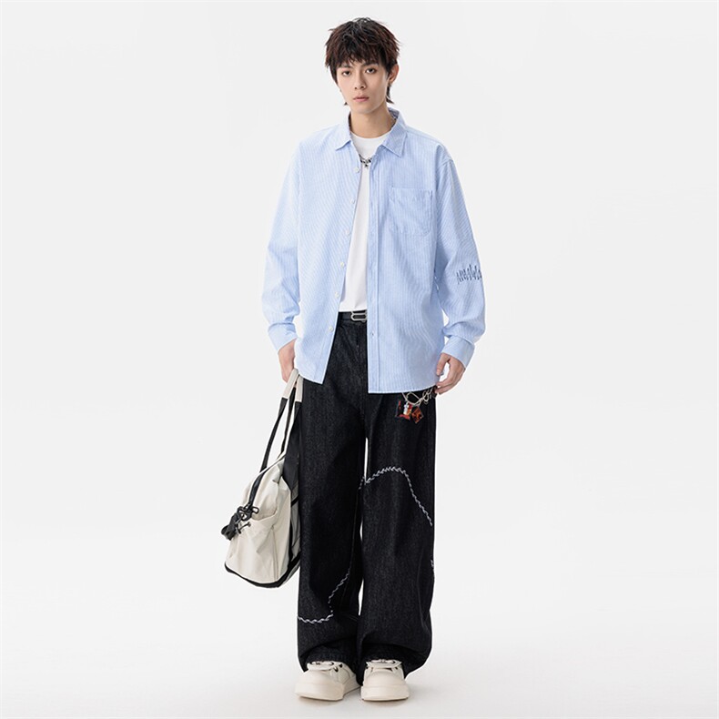 新款(跨境货源）长袖条纹衬衫男宽松休闲上衣,男装衬衫,星座1107-1