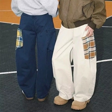 水洗格子拼接大口袋伐木工装裤男夏季美式复古宽松休闲裤XX989，男装工装外套，星座208-5