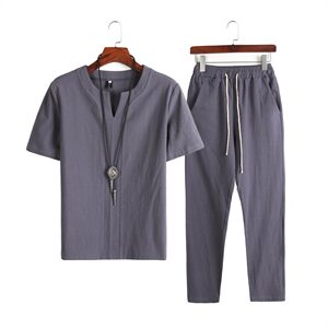 DY19* 夏季中老年棉麻短袖V领T恤套装长裤两件套装男 灰蓝 *P55图片