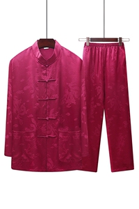 25新款夏款中老年风唐装真丝绸长袖套装太极服套装图片