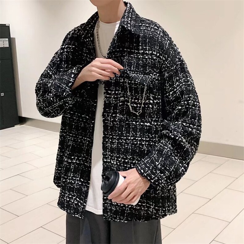 小香风格子长袖衬衫男宽松潮流衬衣毛呢外套衬衫CS30-P50,男装夹克,星座308B-1