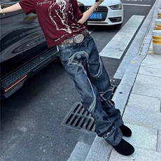 美式复古原牛设计感鸽子刺绣牛仔裤男女潮牌hiphop宽松直筒长裤，男装牛仔裤，四季星座505