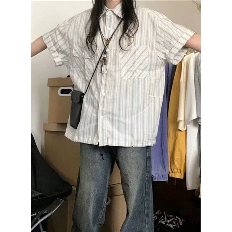 简约竖条纹短袖衬衫男夏ins百搭休闲宽松抽绳衬衣外套CM149,男装衬衫,星座1116A（原606A-3）