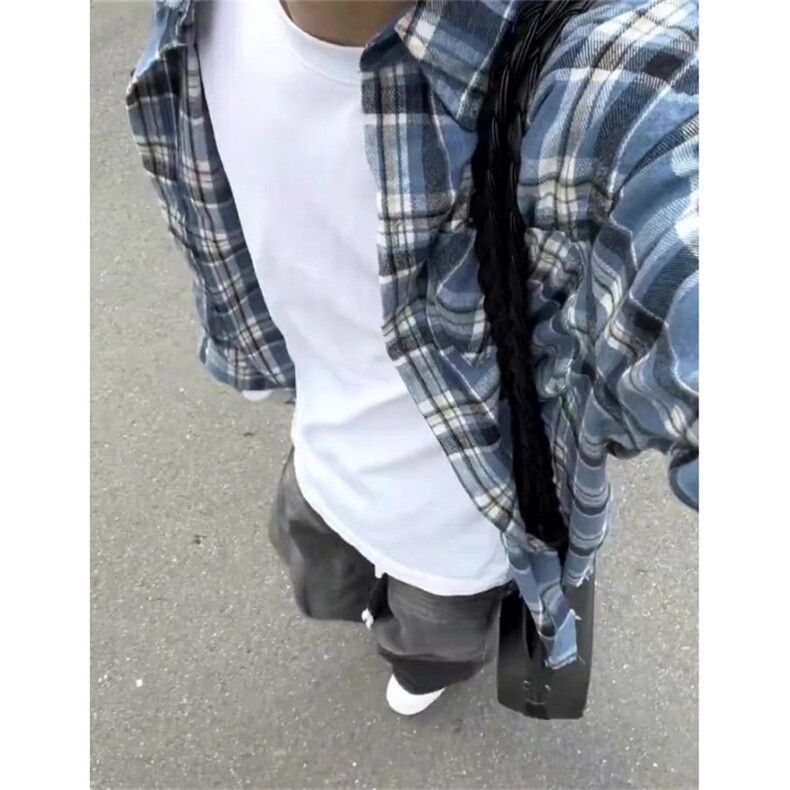 蓝色长袖格子衬衫男女生宽松百搭复古休闲慵懒感衬衣外套 CS301图片