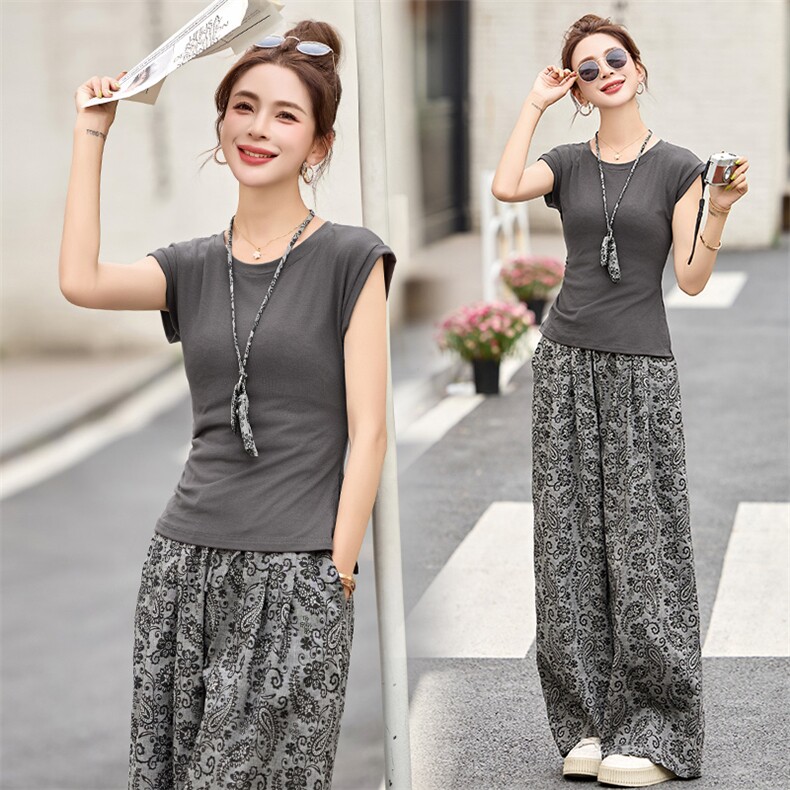 夏季新款女装优雅气质潮流收腰显瘦T恤直筒阔腿长裤两件套高级感，女装套装/套裙，尚羽泽网红店