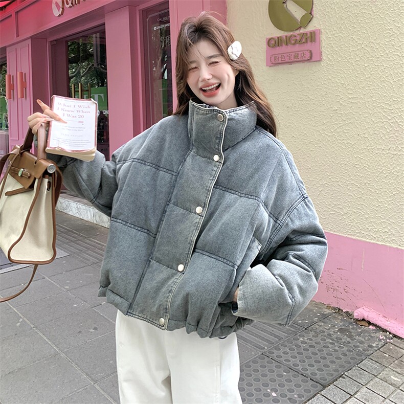 复古牛仔立领羽绒服女2025冬季新款美式学院风休闲百搭白鸭绒外套,女装羽绒服,2C170