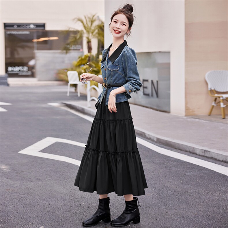 套装女2024春季新款时尚休闲牛仔上衣单排扣中长款连衣裙,女装连衣裙,天丝秀