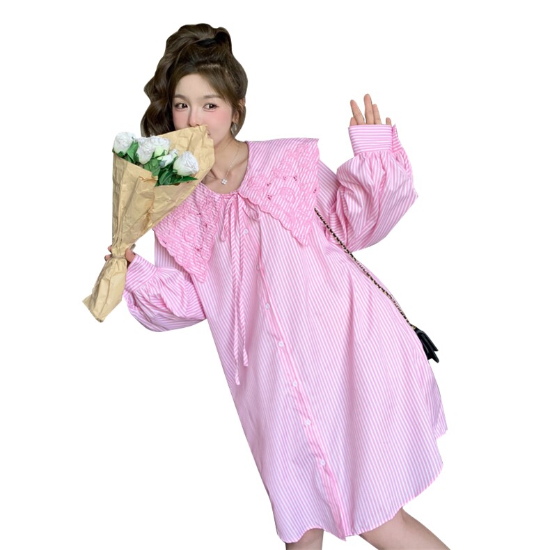 粉色娃娃领条纹连衣裙女2025春新款韩版时尚小个子洋气减龄衬衫裙,女装连衣裙,2C092