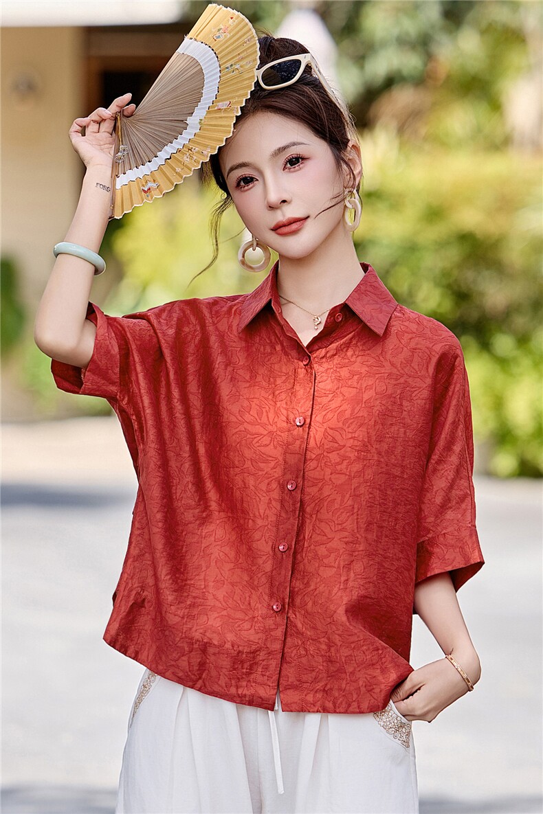 长期有货2026夏季新款提花衬衫女中老年妈妈装宽松天丝T恤上衣潮,女装衬衫,璐依舞