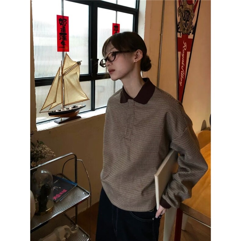 T87-P552025秋装翻领长袖外套衫千鸟格休闲宽松大码女装上衣,女装短外套,电商B323A