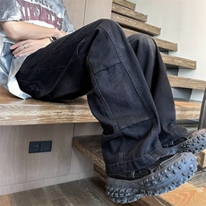 直筒牛仔裤男士春夏季宽松抽绳水洗包边复古裤子NQ14，男装牛仔裤，星座1116A-1（原606A）