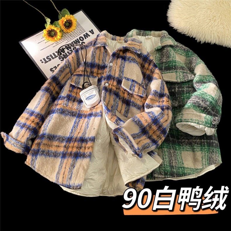 现货90白鸭绒毛呢料格子加厚羽绒服宽松大码外套A017YR99P225,男装羽绒服,电商A017
