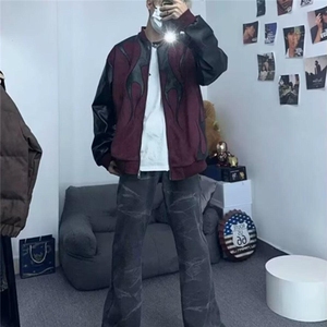 欧美高街拼接撞色春秋夹克男复古潮牌宽松痞帅休闲款个性上衣外套图片