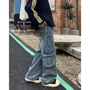 阔腿工装牛仔裤男潮牌大口袋水洗复古高街拖地长裤 S611-P55图片