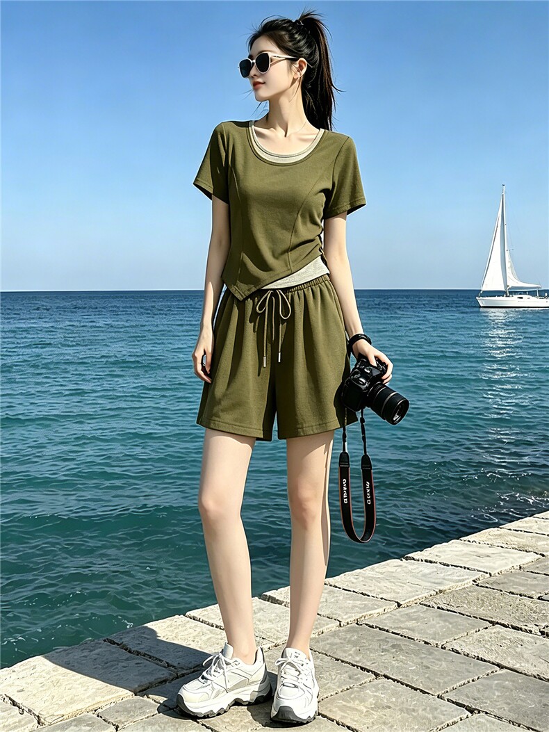 休闲运动套装女夏新款时尚气质显瘦撞色拼接不规则短袖短裤两件套,女装套装/套裙,江南