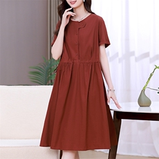 2025年夏季休闲套头圆领短袖纯色中长款连衣裙，女装连衣裙，简韵佳