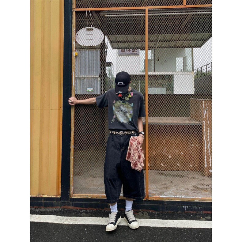 现货-N150-P58黑色牛仔七分裤休闲短裤中裤可拆卸方巾,男装牛仔裤,电商B327