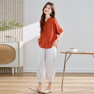 LIGHT MATURE半袖上衣女高端亚麻t恤女宽松短款2025新款白色短袖图片