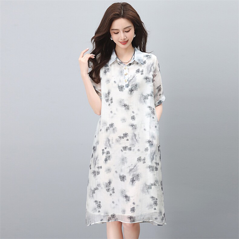新中式印花雪纺连衣裙女夏季气质大码女装2025年新款洋气裙子,女装连衣裙,涵誉