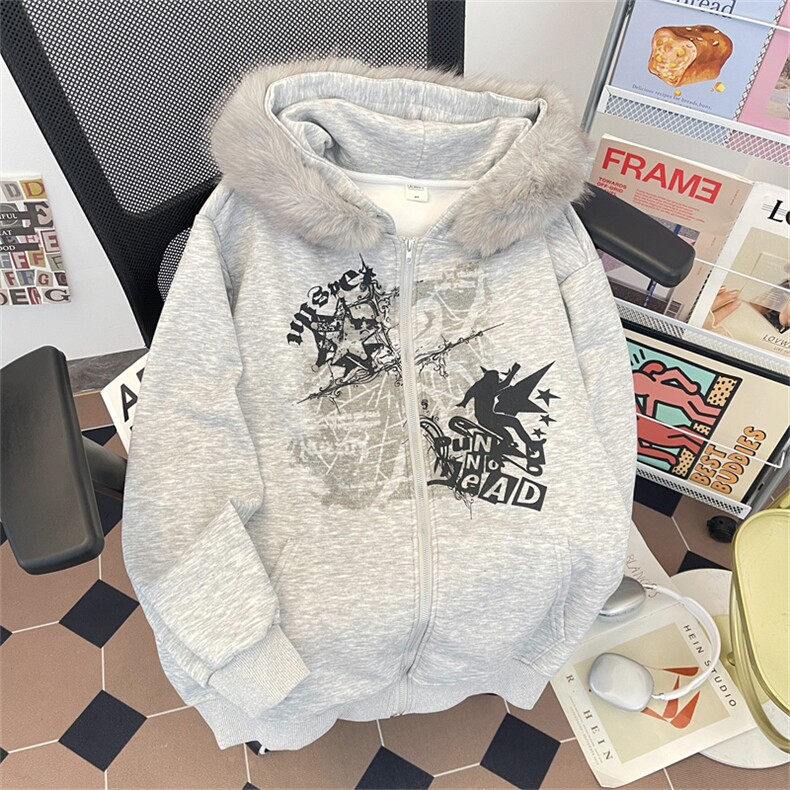 港风秋款男女连帽开衫卫衣扎染刺绣印花毛领夹克外套WY051 P58图片