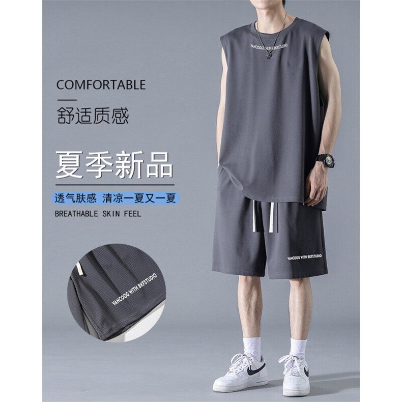 冰丝质感无袖套装t恤夏季潮牌坎肩休闲运动舒适TZ89-特批-68控109,男装T恤,星座718