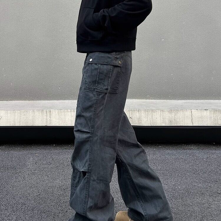 美式复古杏色工装裤男女褶皱显瘦潮宽松直筒垂感伞兵裤XKK99P55,男装牛仔裤,电商D256-2(原A064-2)