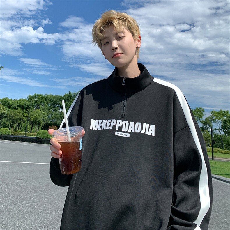 特批P38无差价秋季字母印花拼接条纹半拉链卫衣男青少年上衣W2342图片